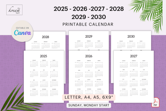 Download Canva Calendar 2025-2030 Printable - 2025 Collection